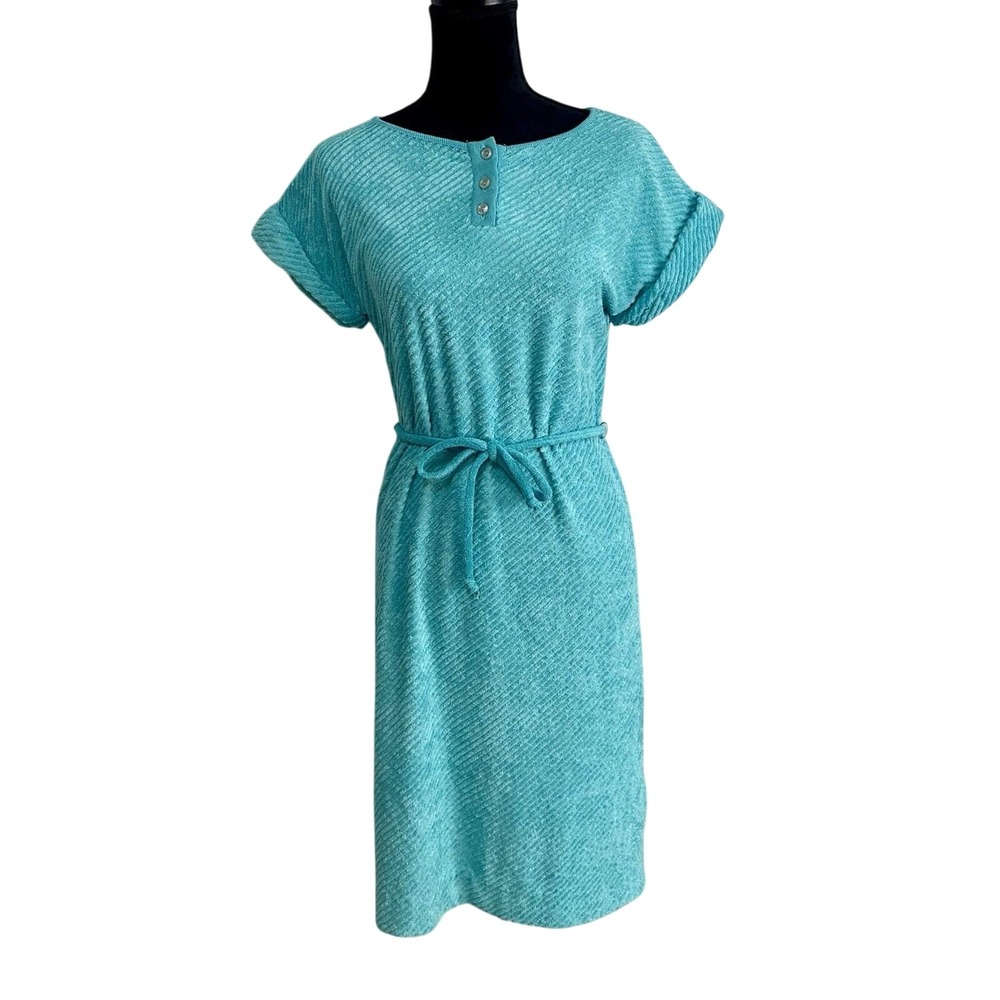 Vintage 70s 80s Retro Beach Style Terry Cloth Dress Belted Rolled Sleeves Medium